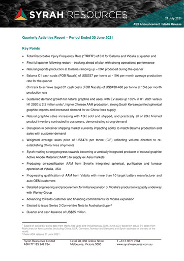 Thumbnail Syrah Resources Limited Quarterly Report 2021-q2