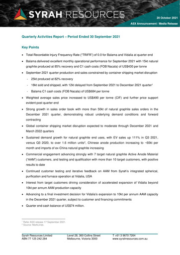 Thumbnail Syrah Resources Limited Quarterly Report 2021-q3