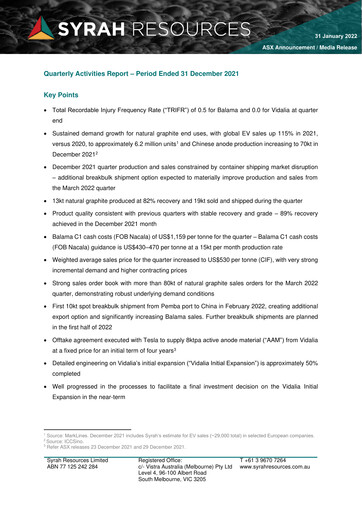 Thumbnail Syrah Resources Limited Quarterly Report 2021-q4