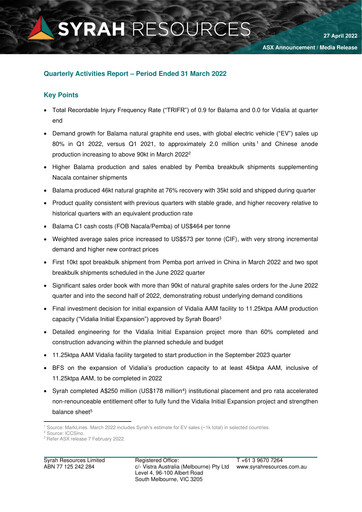 Thumbnail Syrah Resources Limited Quarterly Report 2022-q1