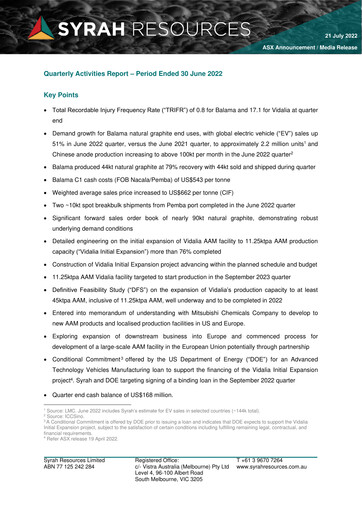 Thumbnail Syrah Resources Limited Quarterly Report 2022-q2