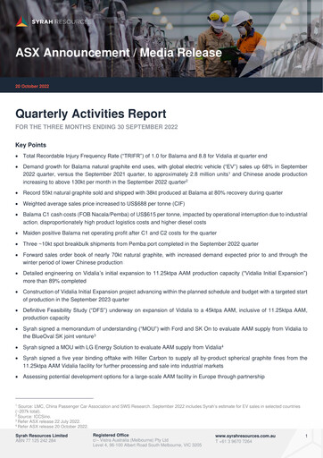 Thumbnail Syrah Resources Limited Quarterly Report 2022-q3