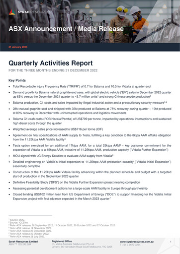 Thumbnail Syrah Resources Limited Quarterly Report 2022-q4