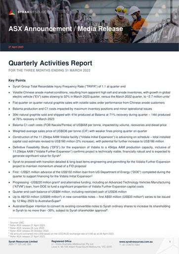 Thumbnail Syrah Resources Limited Quarterly Report 2023-q1