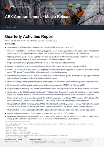 Thumbnail Syrah Resources Limited Quarterly Report 2023-q3
