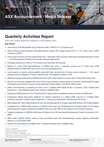 Thumbnail Syrah Resources Limited Quarterly Report 2023-q4