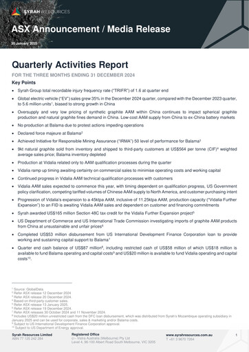 Thumbnail Syrah Resources Limited Quarterly Report 2024-q4