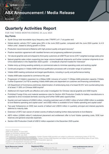 Thumbnail Syrah Resources Limited Quarterly Report 2025-q2