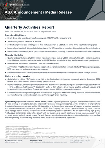 Thumbnail Syrah Resources Limited Quarterly Report 2025-q3