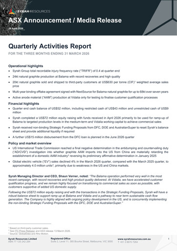Thumbnail Syrah Resources Limited Quarterly Report 2026-q1