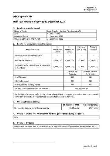 Thumbnail Race Oncology Financial Statement 2024-h1