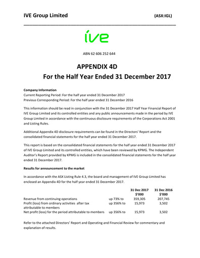 Thumbnail IVE Group Financial Report 2018-h1