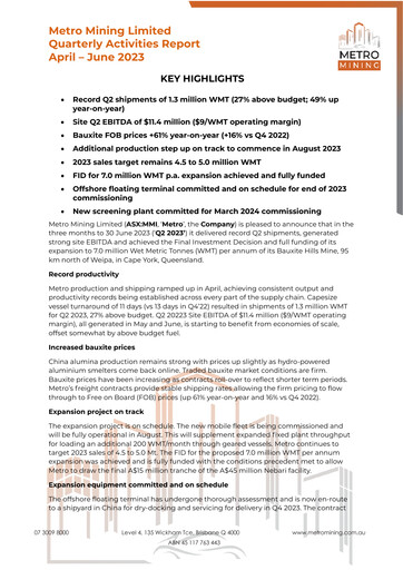 Miniature Metro Mining Rapport trimestriel 2023-q2