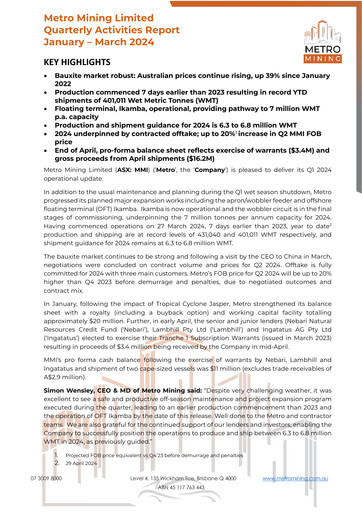 Miniature Metro Mining Rapport trimestriel 2024-q1