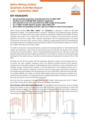 Miniature Metro Mining Rapport trimestriel 2024-q3