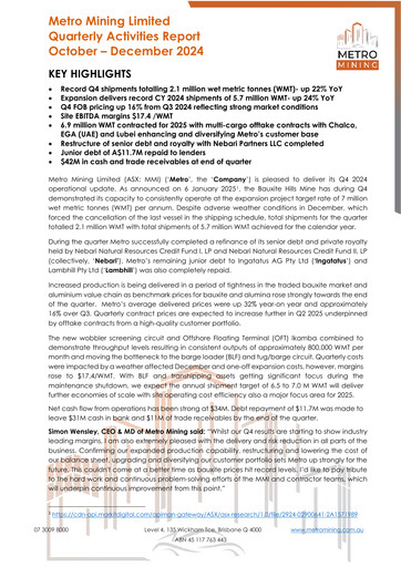 Vorschaubild Metro Mining Quartalsbericht 2024-q4
