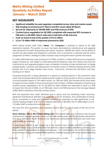 Miniature Metro Mining Rapport trimestriel 2025-q1