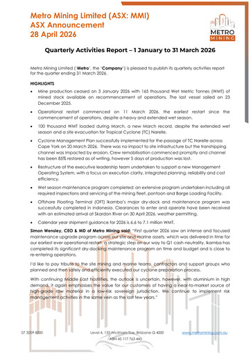 Thumbnail Metro Mining Quarterly Report 2026-q1