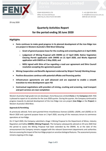 Thumbnail Fenix Resources Quarterly Report 2020-q4