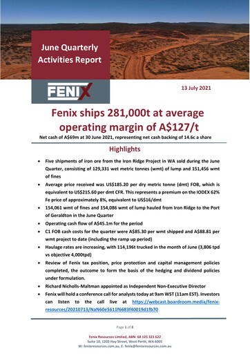 Thumbnail Fenix Resources Quarterly Report 2021-q4