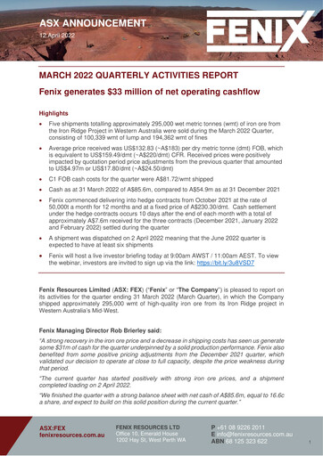 Thumbnail Fenix Resources Quarterly Report 2022-q3