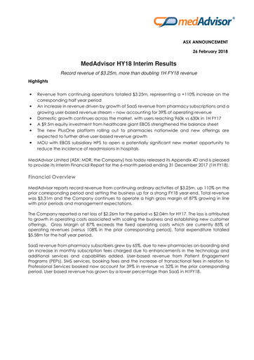 Thumbnail MedAdvisor Limited Half-year Report 2018-h1