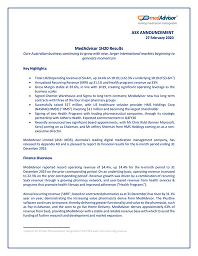 Thumbnail MedAdvisor Limited Half-year Report 2020-h1