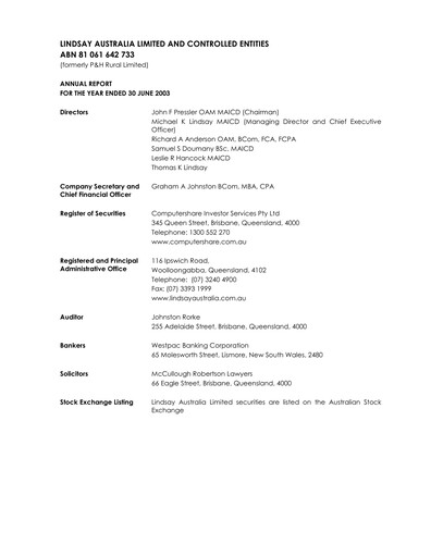 Vorschaubild Lindsay Australia Finanzbericht 2003