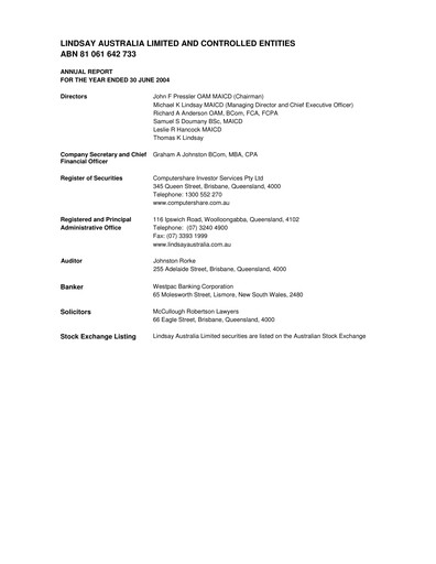 Vorschaubild Lindsay Australia Finanzbericht 2004