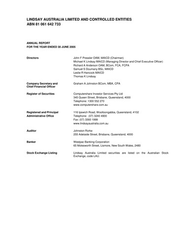 Vorschaubild Lindsay Australia Finanzbericht 2005