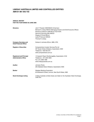Vorschaubild Lindsay Australia Finanzbericht 2006