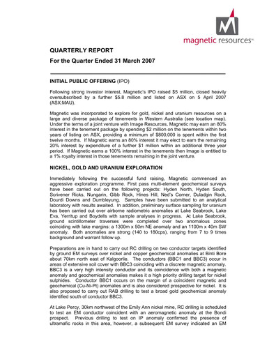 Thumbnail Magnetic Resources NL Quarterly Report 2007-q1