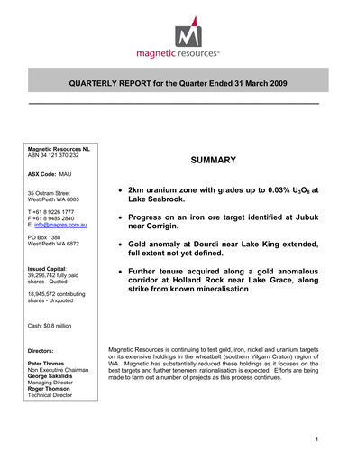 Thumbnail Magnetic Resources NL Quarterly Report 2009-q1