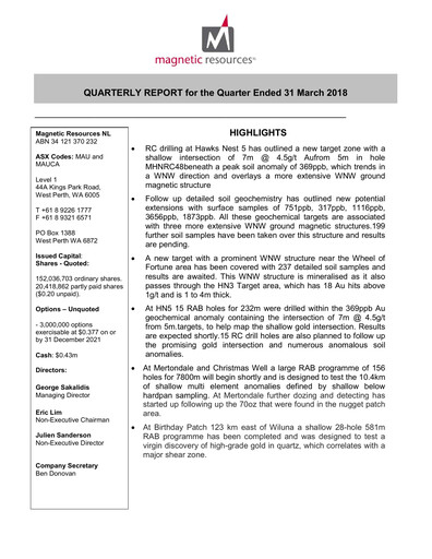 Miniature Magnetic Resources NL Rapport trimestriel 2018-q1