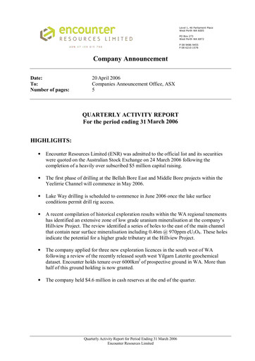 Thumbnail Encounter Resources Quarterly Report 2006-q1