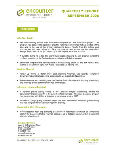 Thumbnail Encounter Resources Quarterly Report 2006-q3