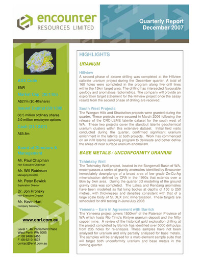 Thumbnail Encounter Resources Quarterly Report 2007-q4