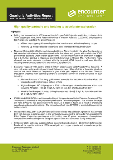 Vorschaubild Encounter Resources Quartalsbericht 2020-q4