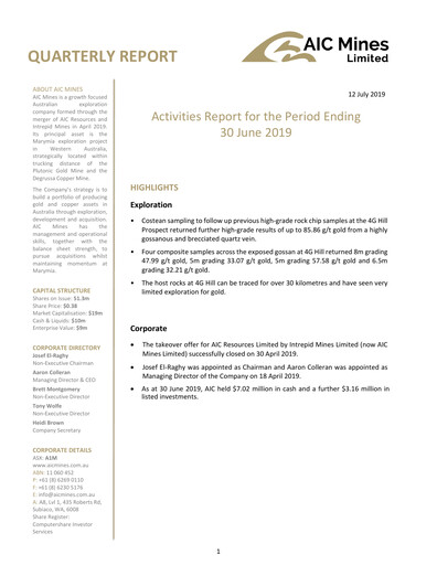 Miniature AIC Mines Limited Rapport trimestriel 2019-q2