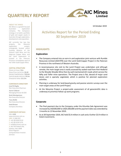 Miniature AIC Mines Limited Rapport trimestriel 2019-q3