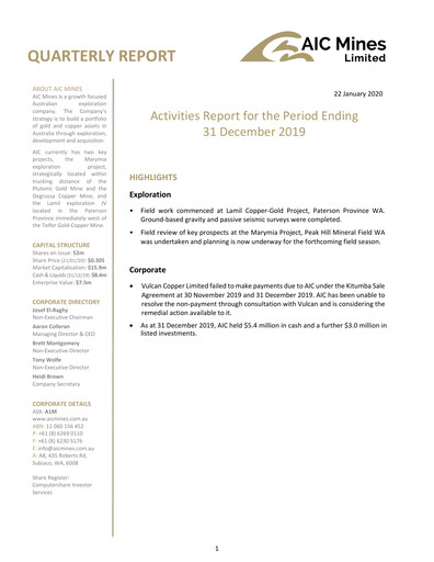 Miniature AIC Mines Limited Rapport trimestriel 2019-q4