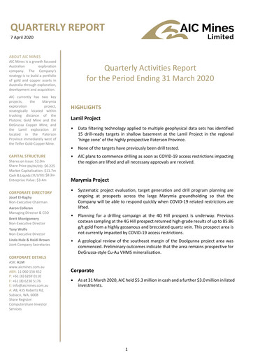Miniature AIC Mines Limited Rapport trimestriel 2020-q1