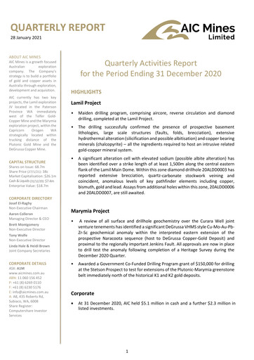 Miniature AIC Mines Limited Rapport trimestriel 2020-q4
