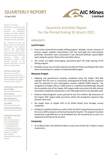 Thumbnail AIC Mines Limited Quarterly Report 2021-q1