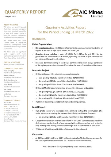 Thumbnail AIC Mines Limited Quarterly Report 2022-q1