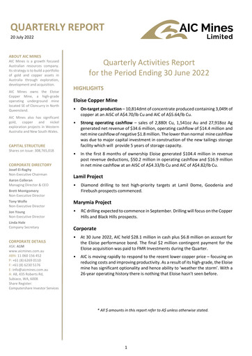 Thumbnail AIC Mines Limited Quarterly Report 2022-q2