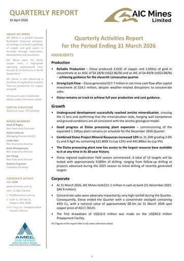 Thumbnail AIC Mines Limited Quarterly Report 2026-q1