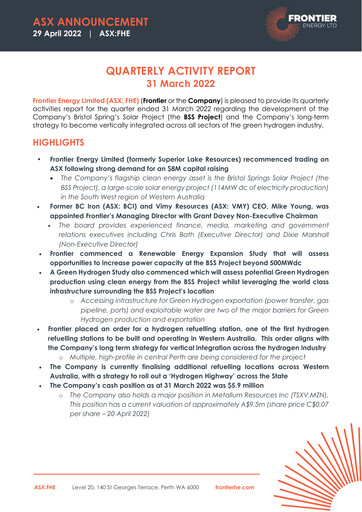 Miniature Frontier Energy Limited Rapport trimestriel 2022-q1