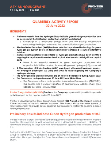 Miniature Frontier Energy Limited Rapport trimestriel 2022-q2