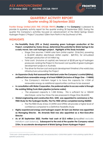 Miniature Frontier Energy Limited Rapport trimestriel 2022-q3